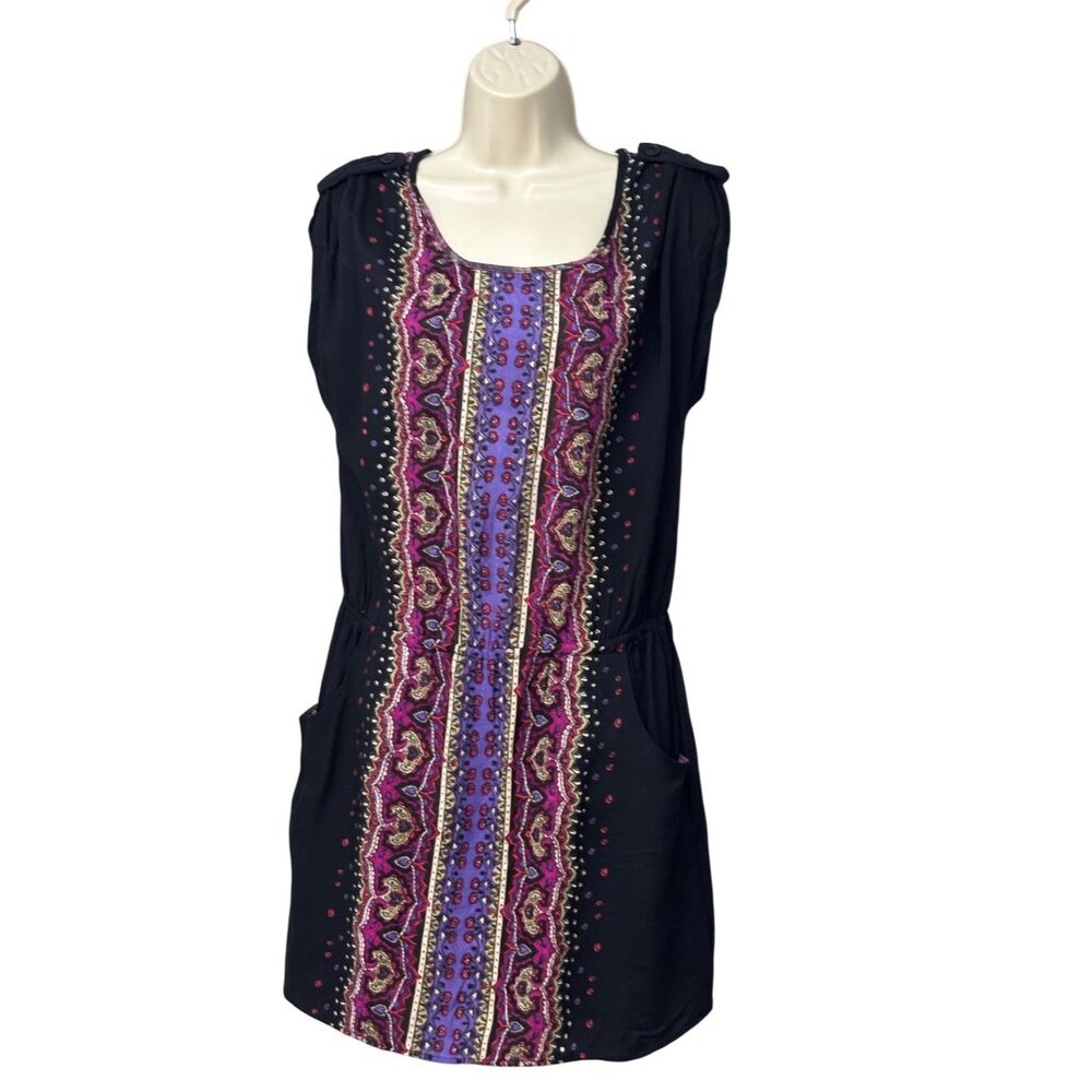 Angie Womens Black & Purple Boho Print Sleeveless Mini Dress With Pocke, Sz S
